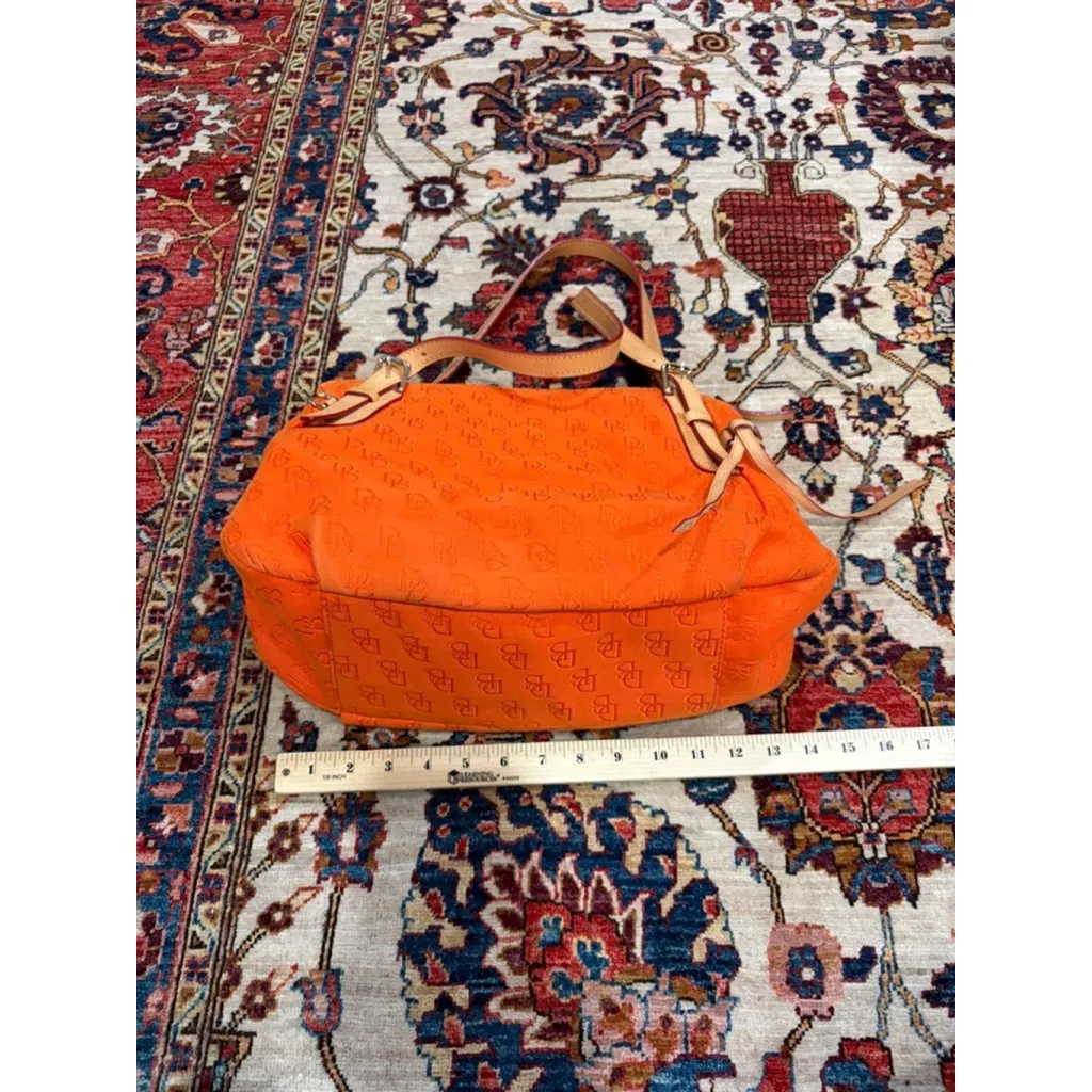 Dooney & Bourke Orange DB Logo Jacquard Satchel Bag Leather Trim Medium Purse - Image 6