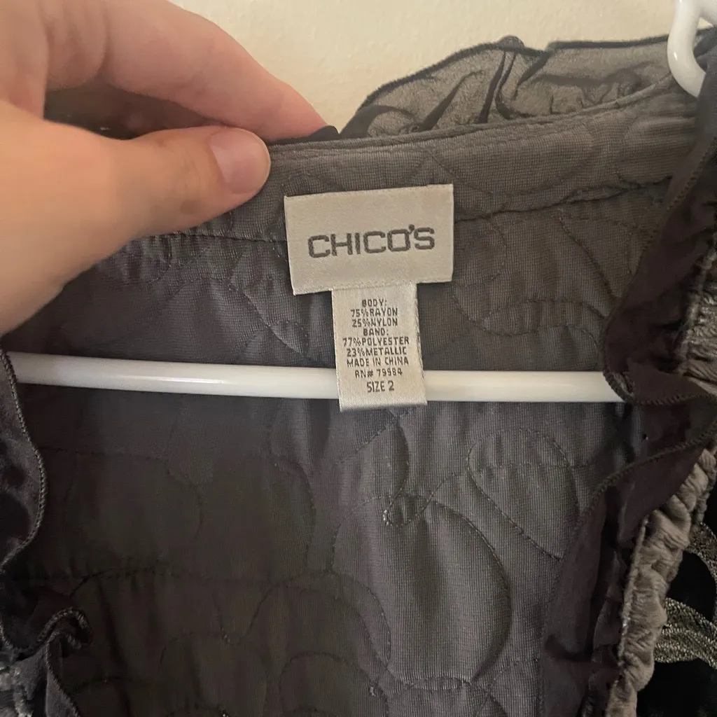 VTG CHICO Grey Metallic floral JACKET Blazer Bohemian Ruffle Artisan Sz 2 - Image 4