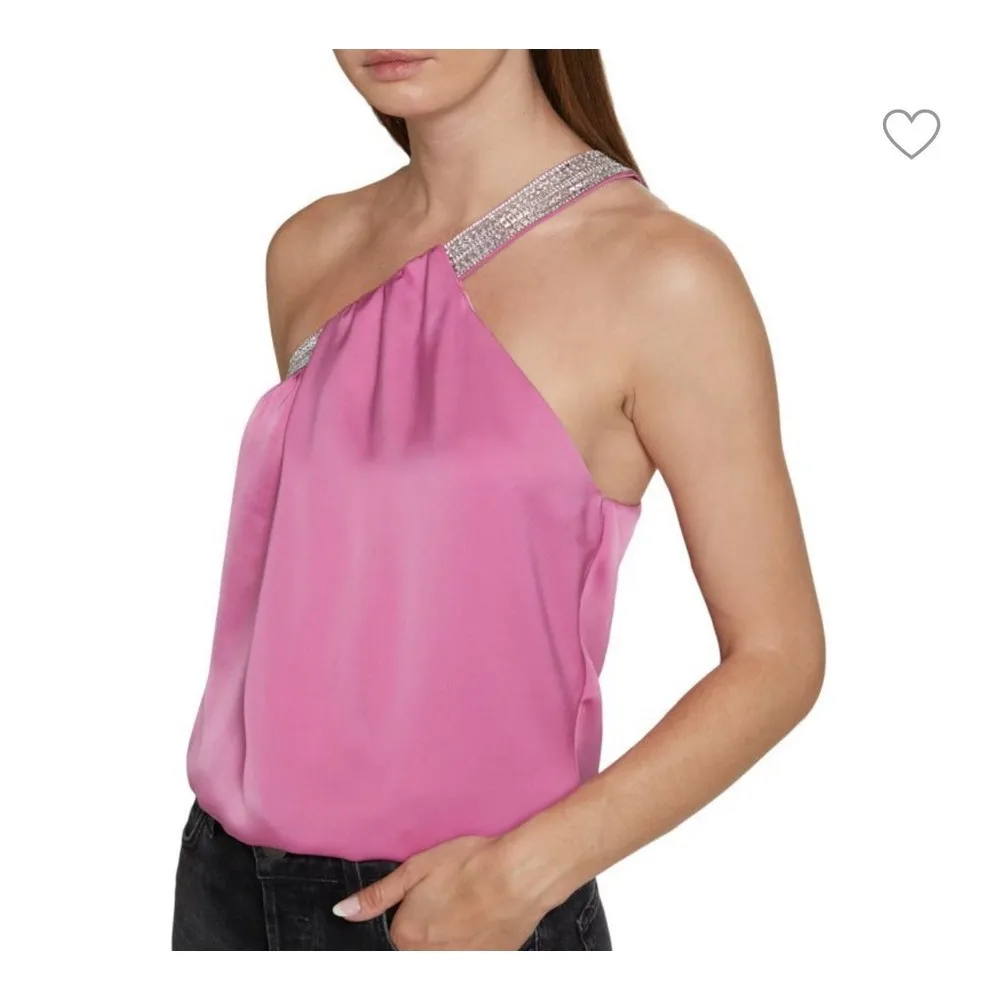 Ramy Brook PinkNEW Crystal Y2K Embellished One-shoulder Satin Top Sz S MSRP $345 - Image 4