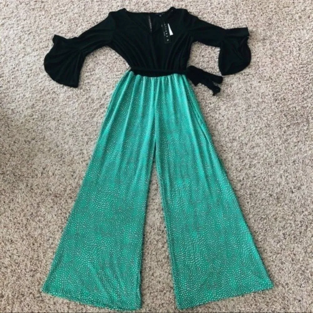 Tiana B. Jumpsuit Wide Leg Belted in Black Green White, Size L New w/Tag - Image 5