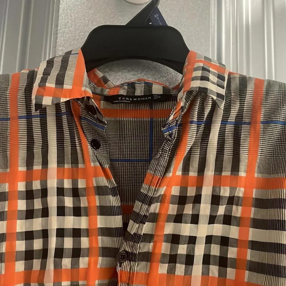 Zara woman Orange Black Blue Plaid Button Down Shirt Work Career Retro - Image 2