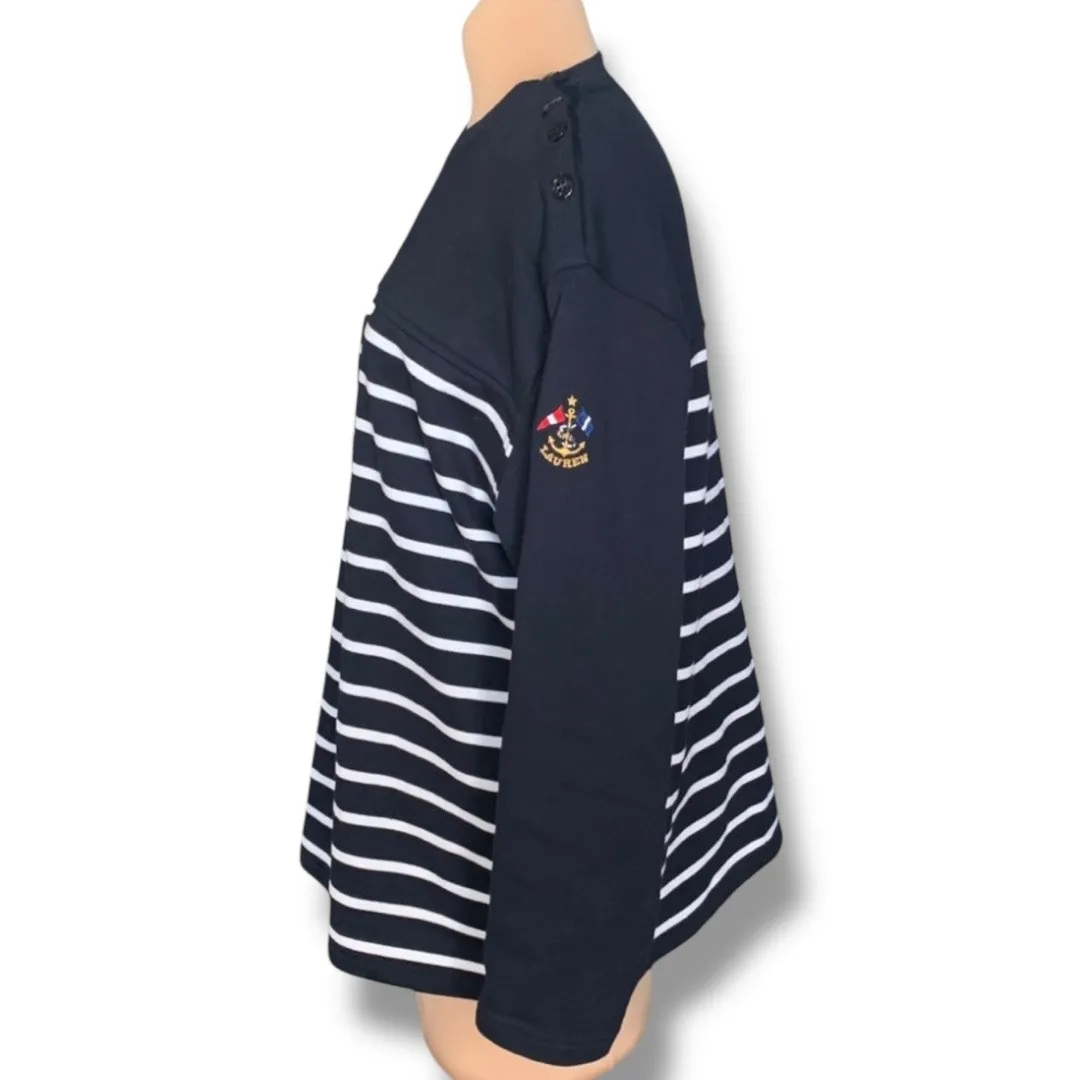 Lauren Ralph Lauren Navy White Stripe Boatneck Anchor Logo Nautical Shirt Large Blue - Image 3
