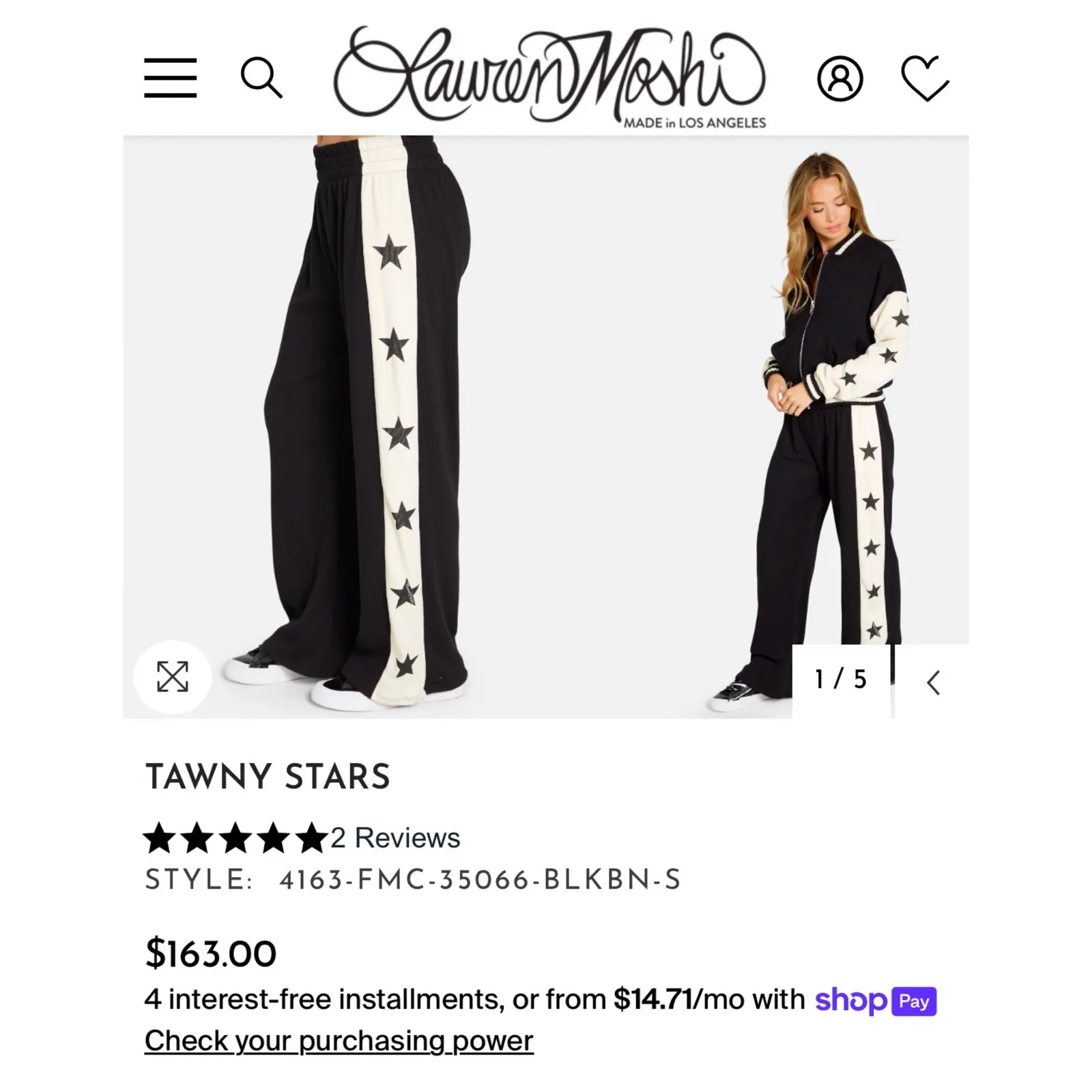 NEW Lauren Moshi S Twany Stars Track Sweat Pants Wide Leg Black Bone NWT - Image 11