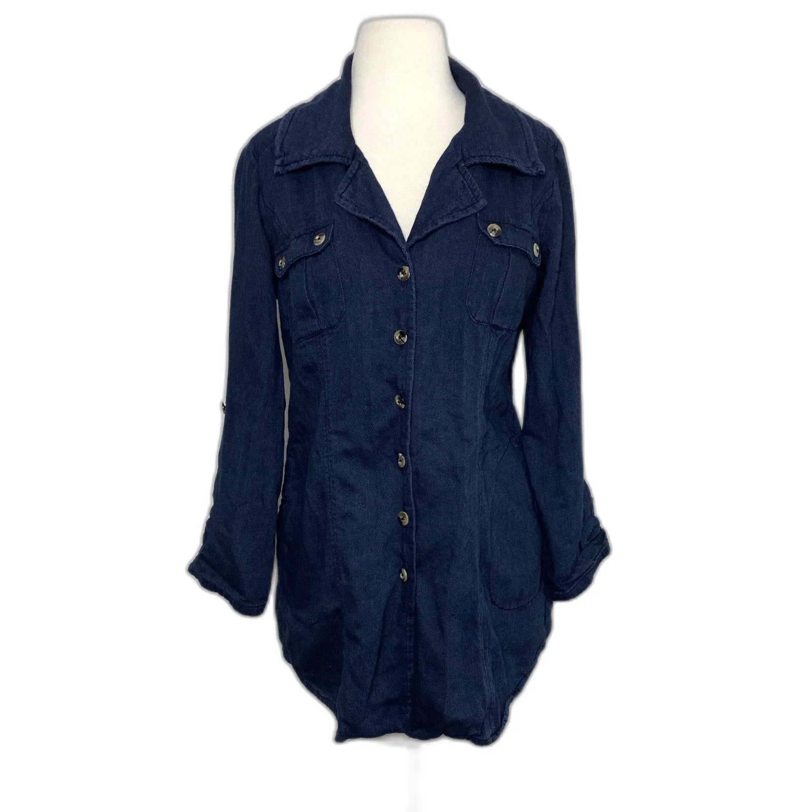Cabi Chambray Utility Jacket Button Down Cinched Roll Sleeve S (No drawstring) Blue - Image 2