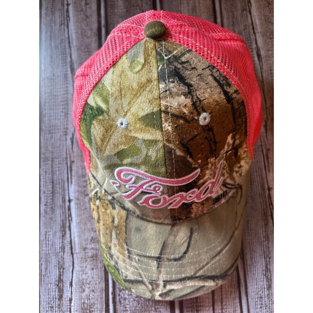 Ford Motors Trucker Hat Cap Camouflage & Pink Mesh Snapback Pink glitter logo - Image 3