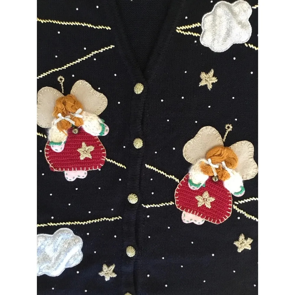 Bobbie Brooks Vintage Black/Gold Angels Cloud Appliqué Ugly Sweater Ves… - Image 2