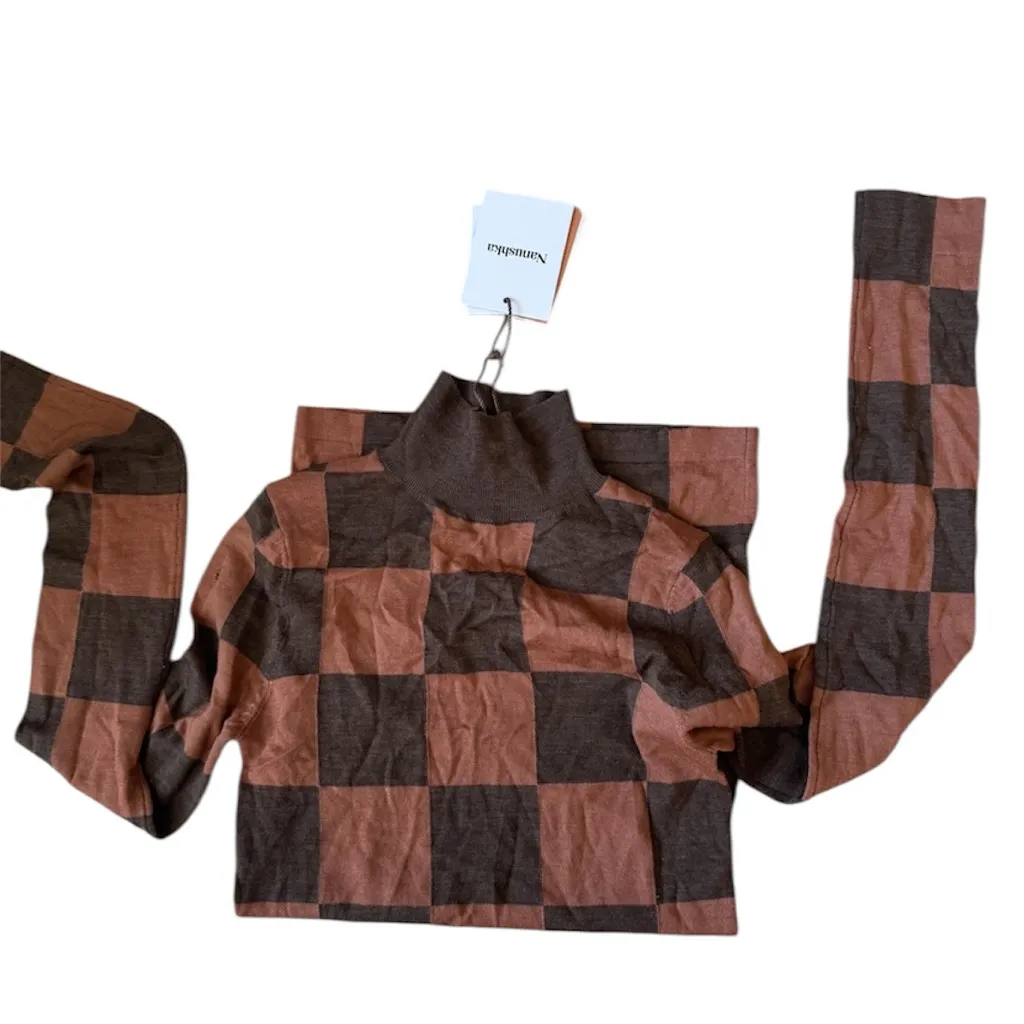 NANUSHKA 100% merino wool Harri Top in Hazelnut & Cinnamon Check NEW Brown - Image 6