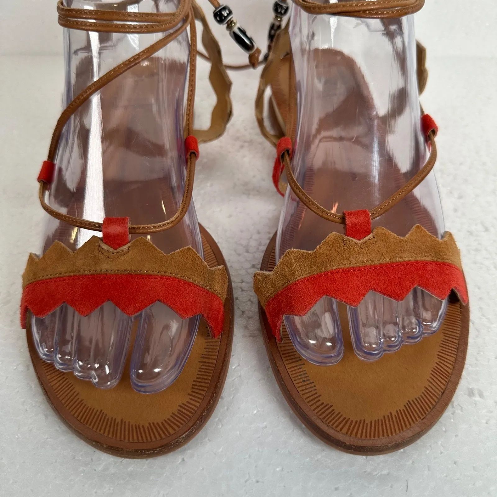 Dolce Vita Pedra Suede Gladiator Sandals Women's 8 Brown Red Beaded 1" Wedge - Image 4