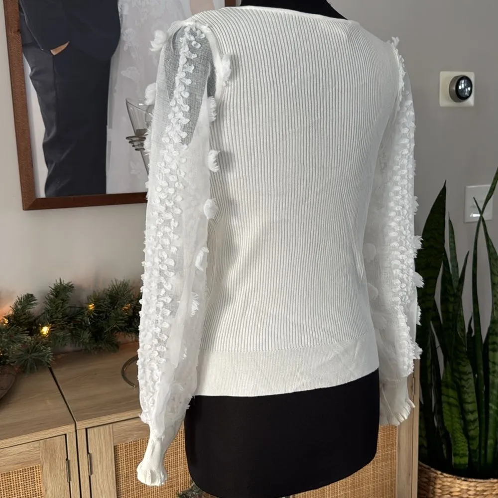 Long Sleeve Scoop Neck Pullover Floral Lace Flowers Puff Sleeve Ruffle - Image 6