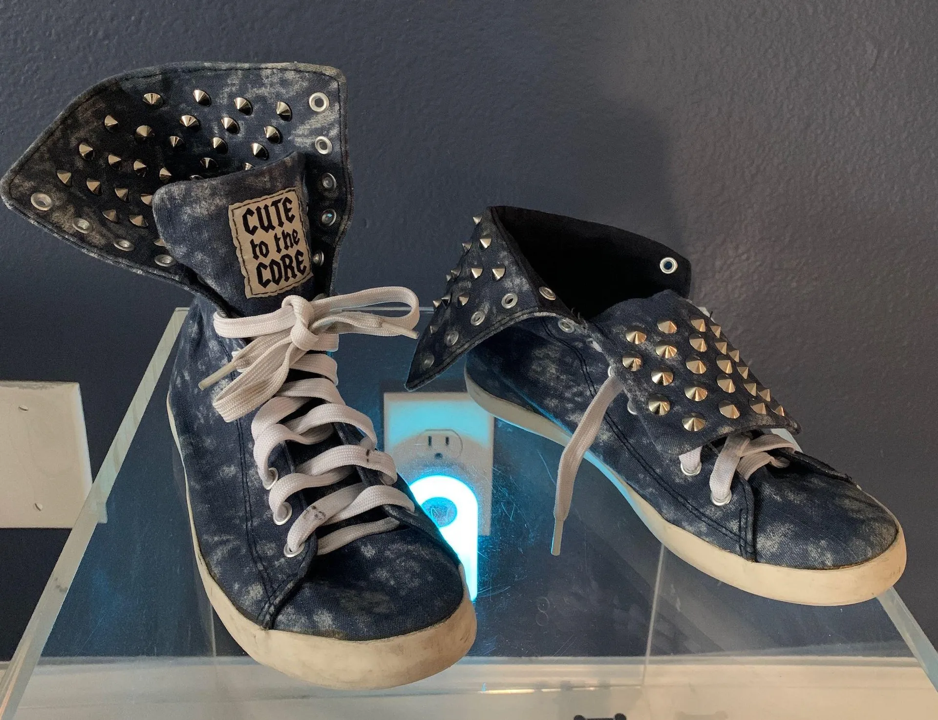 Cute To The Core Blue Denim Studded Foldable High Top Sneakers - Image 2