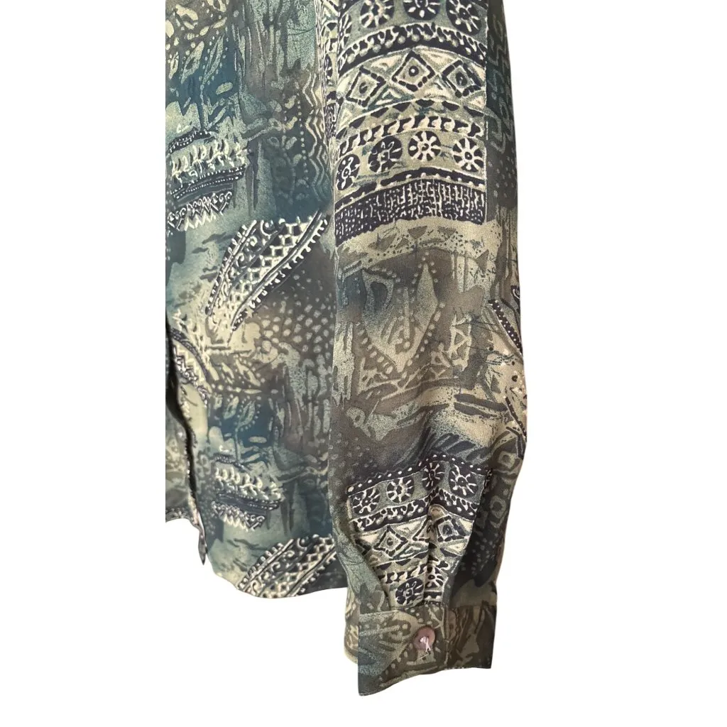 French Laundry Women's Blouse Abstract Button Up Top Olive Green Large Office - Image 5