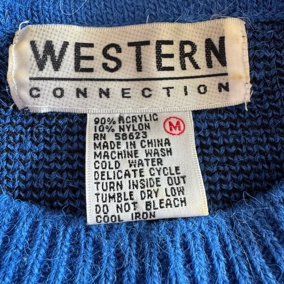 Vintage Western Connection Knit Sweater Boho Cowgirl Floral Statement Medium Blue - Image 2
