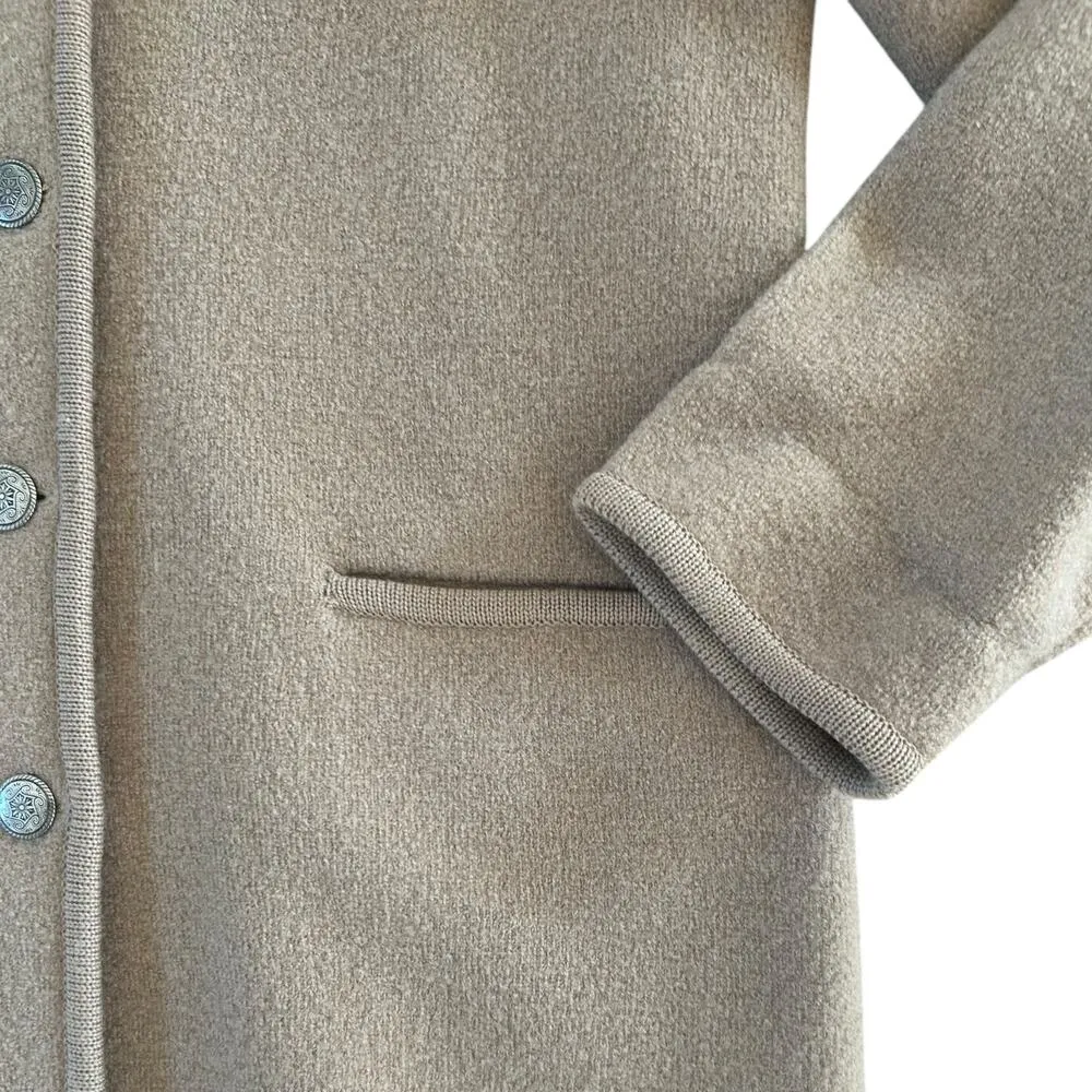 Vintage  Long Mid Length Wool Jacket Tan Mandarin Collar Buttons L Preppy - Image 8