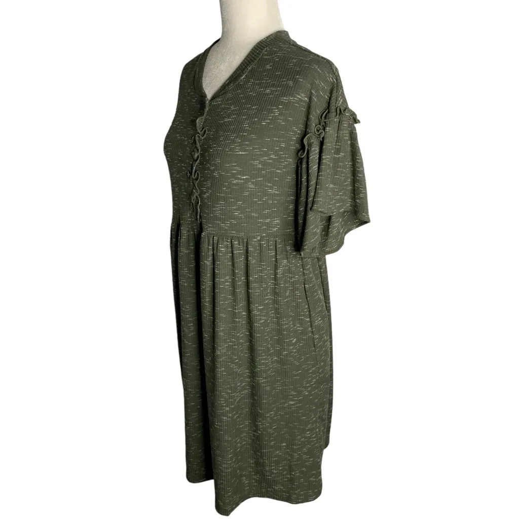 Violet Weekend Ribbed Knit T Shirt Dress S Green Flutter Sleeve Pockets Buttons - Image 3