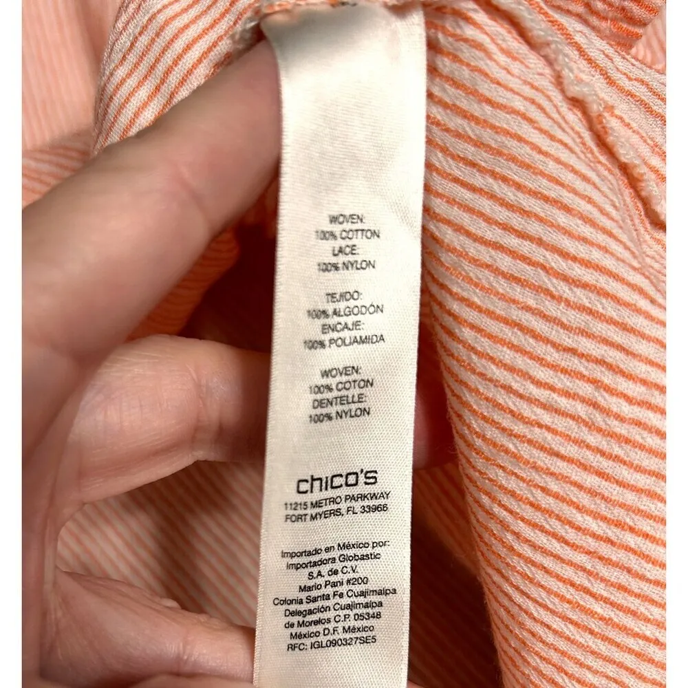 Chico’s 3 XL Salmon Pink Cotton Striped Gauze Blouse Lace‎ Back Roll Tab Romanti - Image 11