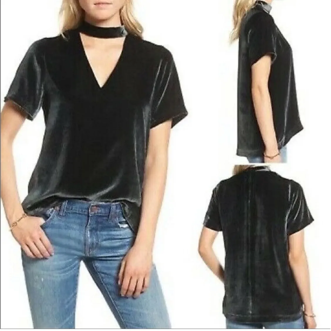 Madewell Velvet Choker V Neck Short Sleeve Top Women Size S Black - Image 2
