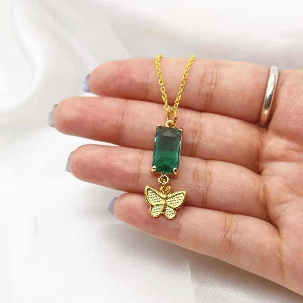 Butterfly and Green Emerald Stone Necklace Gold - Image 4