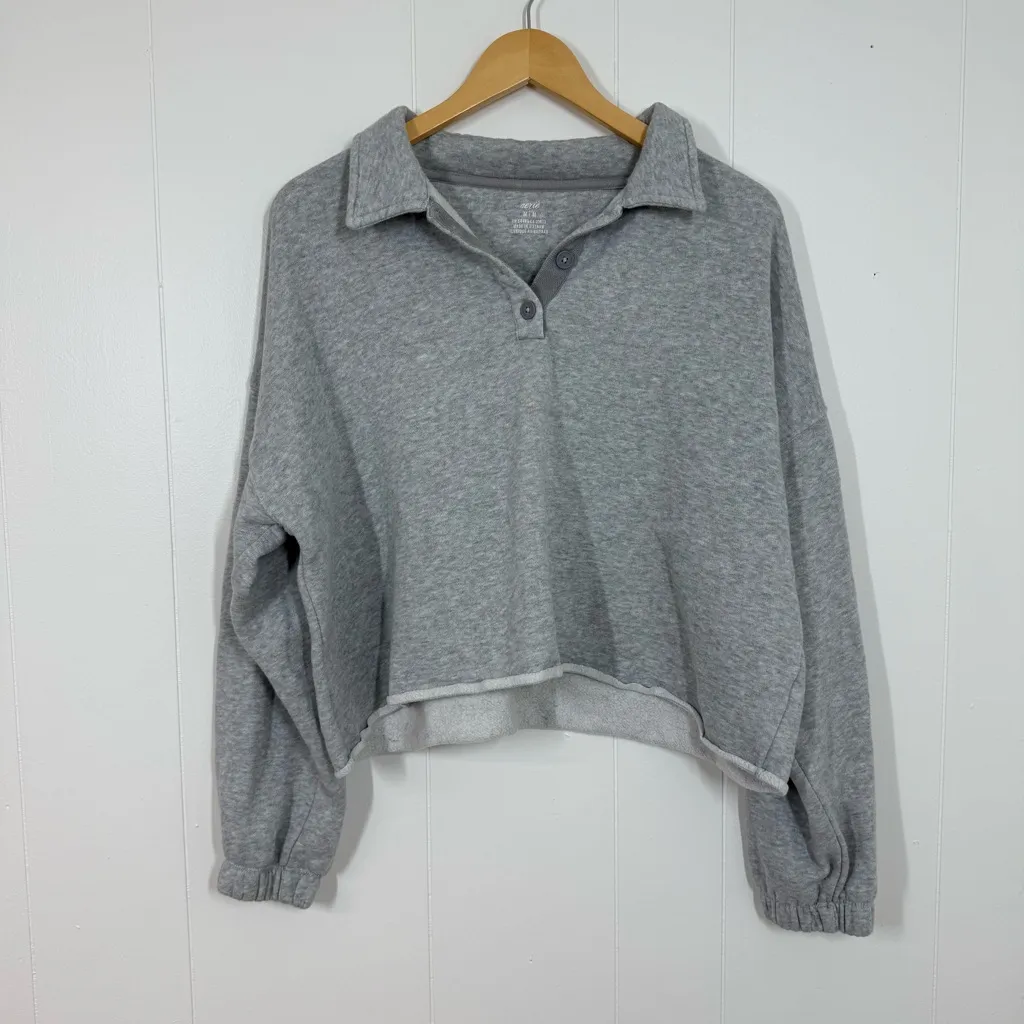 Aerie  Grey Oversized Cropped Polo Sweatshirt - Image 2