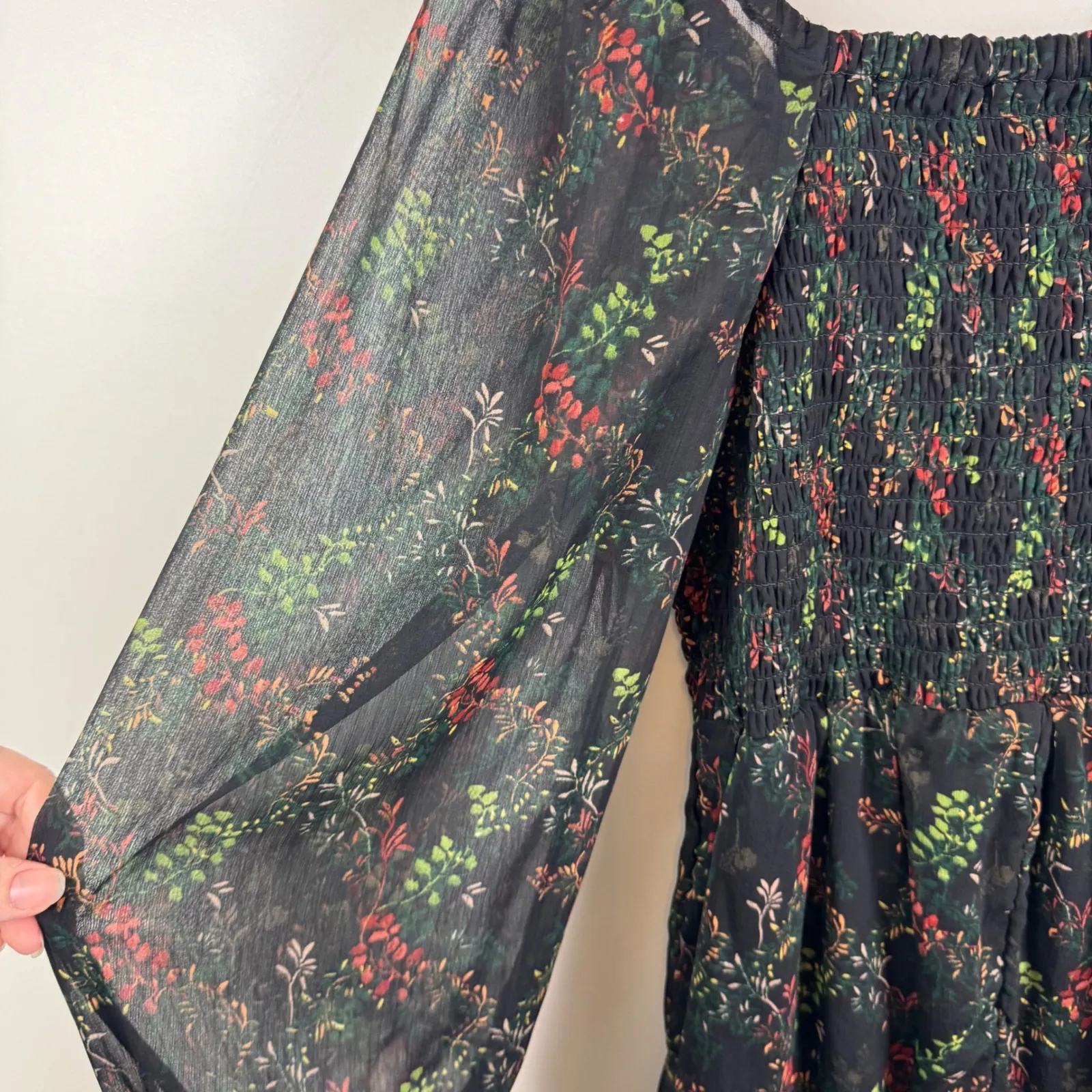 Maurices Arbor Floral Smocked Dress Medium Long Sleeve Sheer Boho Babydoll Flowy - Image 6