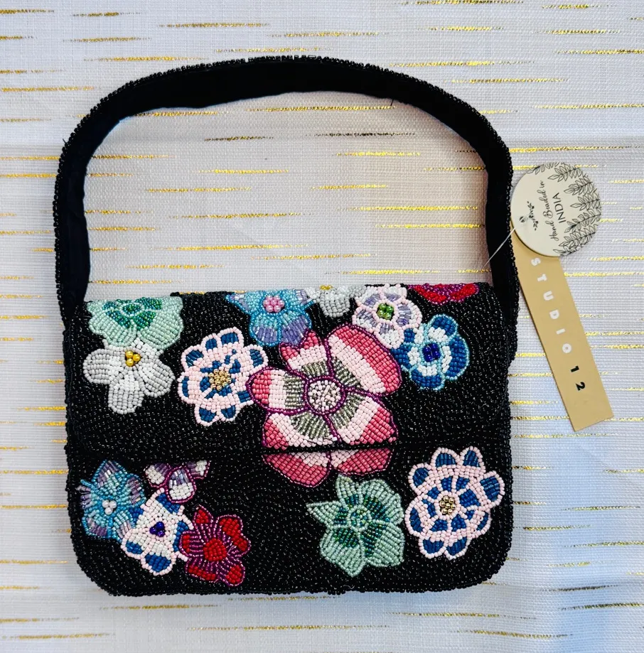 Beaded Floral Shoulder Bag | Black Mini Purse | Statement Evening Bag | NWT - Image 1