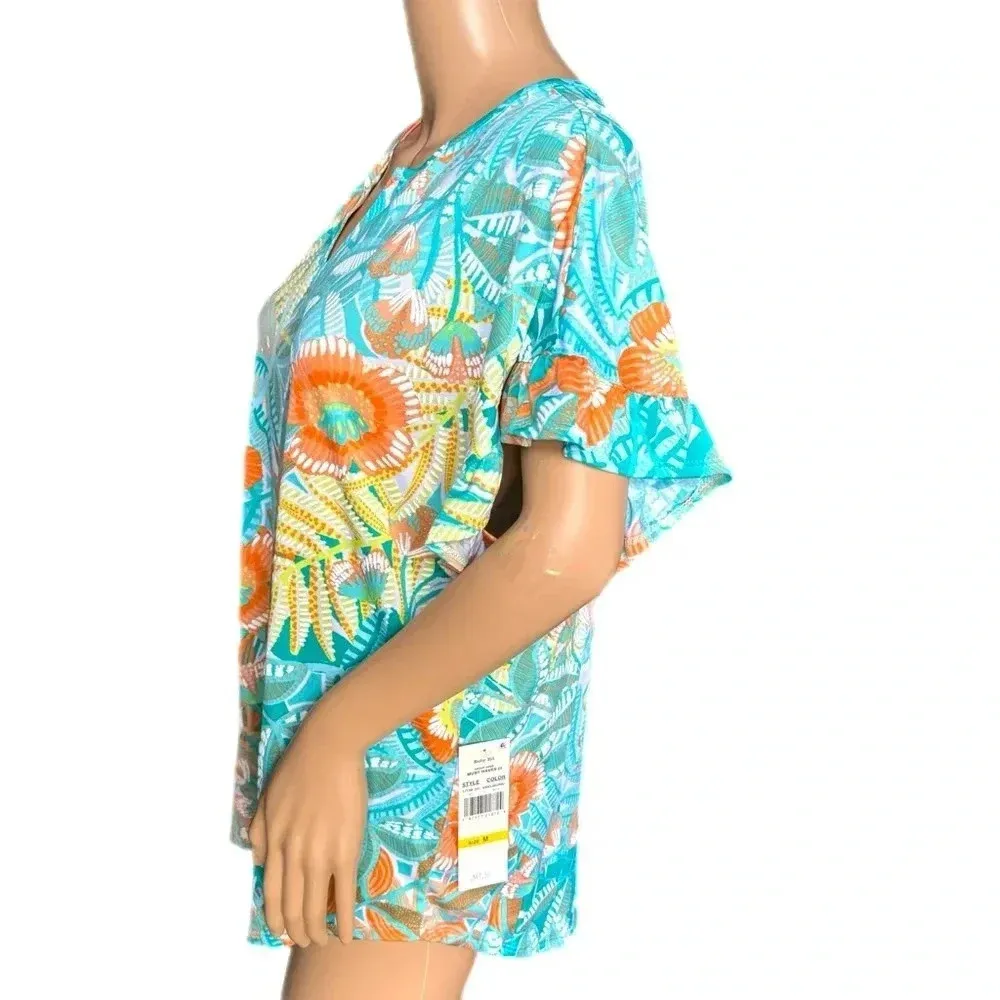 NWT RUBY RD Tropical Floral Short Sleeve Blouse Flutter Sleeve Split Neck Top Orange Size M - Image 3