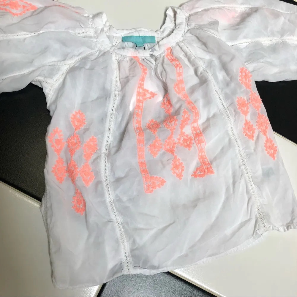 Melissa Odabash Embroidered Peasant Blouse Crop Top White Neon Coral Summery sz8 - Image 7