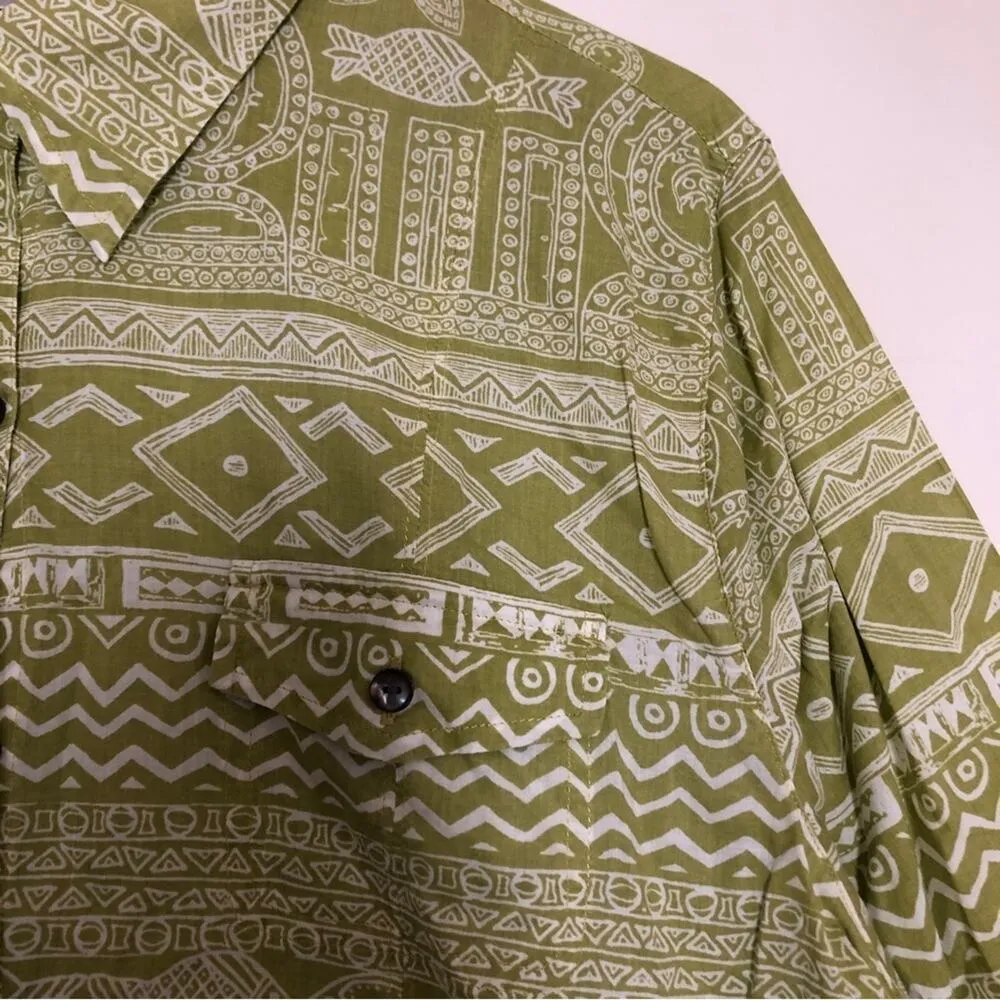 Chicos Cotton Green Aztec Tribal Tropical Long Sleeve Button Up Shirt Blouse Top - Image 5