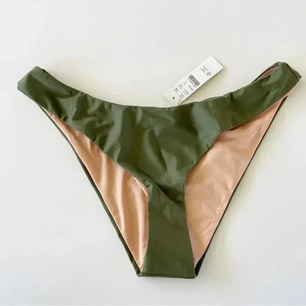 J.Crew Curved waist High Leg Cut cheeky bikini bottom Safari Green Medium NWT - Image 4