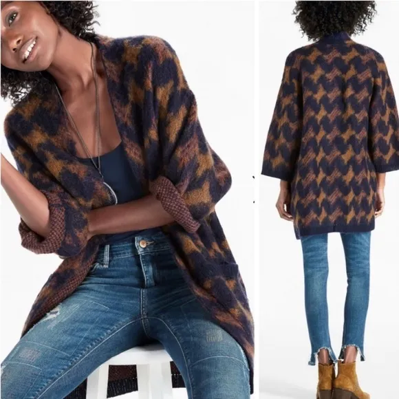 Lucky Brand Wool Blend Boho Longline lona Cardigan Brown/Navy Size Small - Image 2