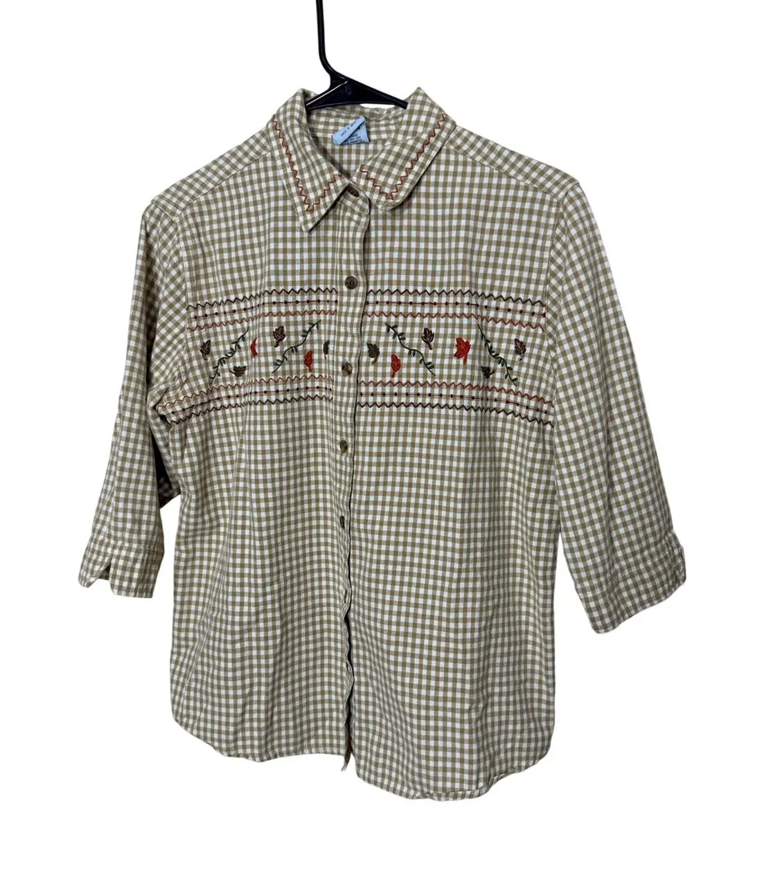 Cascade Blues Womens M Gingham Embroidered Button Up Shirt 3/4 Sleeve Top Tan Size M - Image 1