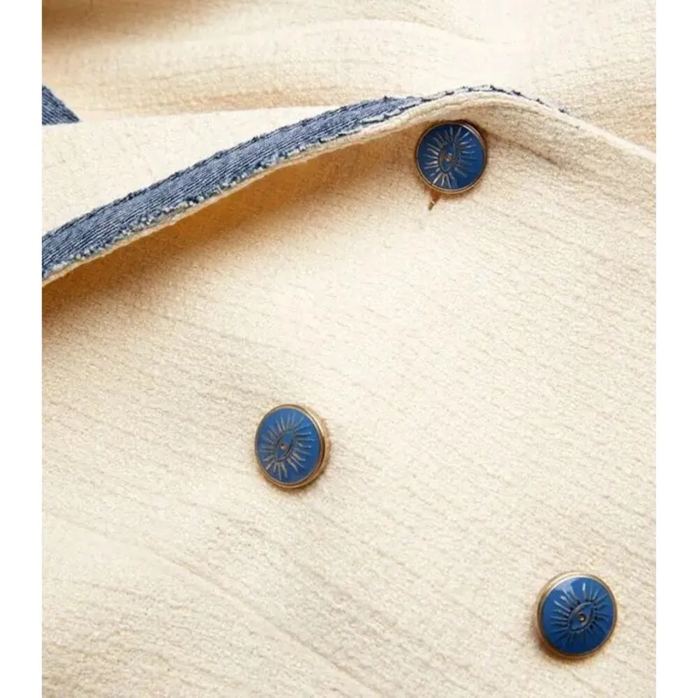 SANDRO Off White Tweed Blue Trim A-Line Double Breasted Seville Dress Size 36 - Image 15