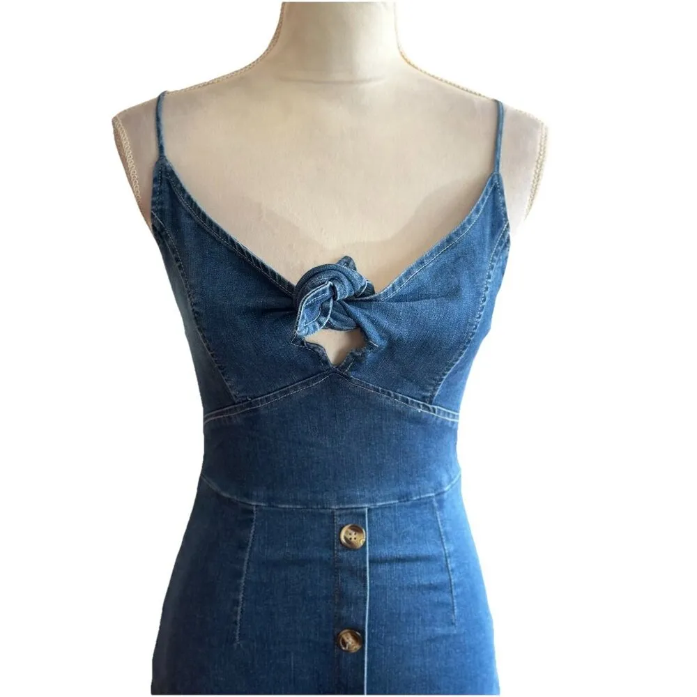 Women’s Babydoll Denim Mini Dress TieFront Bow Smocked Back Y2k Stretchy Sz S Blue - Image 3