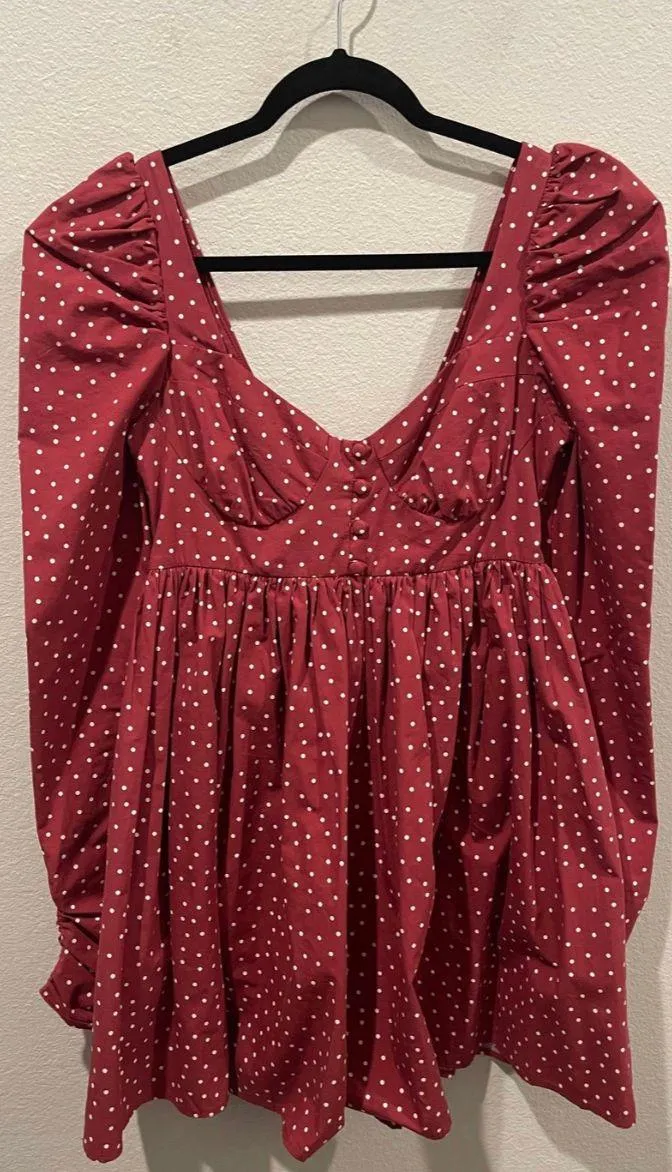 ASOS DESIGN Cotton Babydoll White Polka Dot Burgundy Mini Dress - Image 5