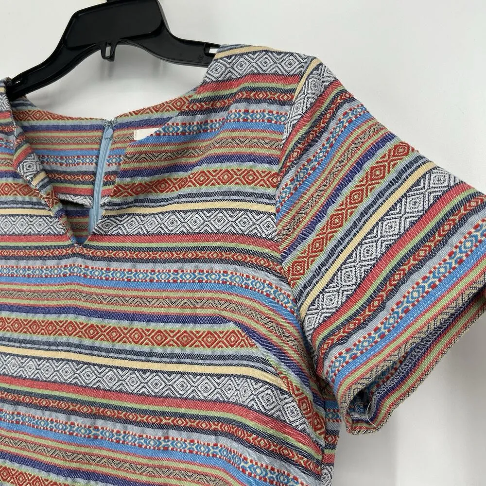 Ellison Boho Woven Mini Dress Mixed Pattern Hippie Blue Split Neck Pockets Sz L - Image 3