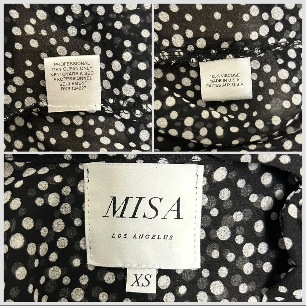 Misa Black White Polka Dot Sheer Button Up Bell Ruffle Sleeve Hi Lo Blouse XS - Image 11