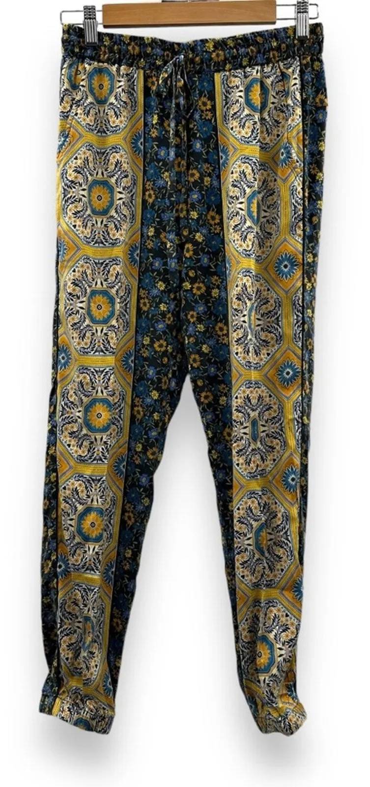 Johnny Was Silk Blend Gray Yellow Blue Floral Paisley Drawstring Pants Sz S - Image 1