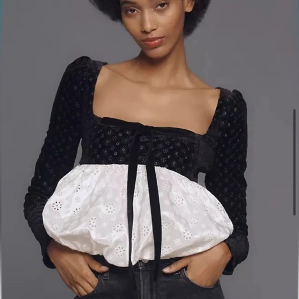 ANTHROPOLOGIE For Love & Lemons Elisa Velvet & Eyelet Bubble Top Size XL NEW - Image 2