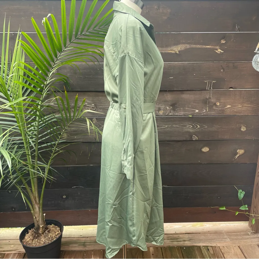 French Connection XS Satin Shirt‎ Dress Green Belted Midi Long Sleeve NWT - Image 3