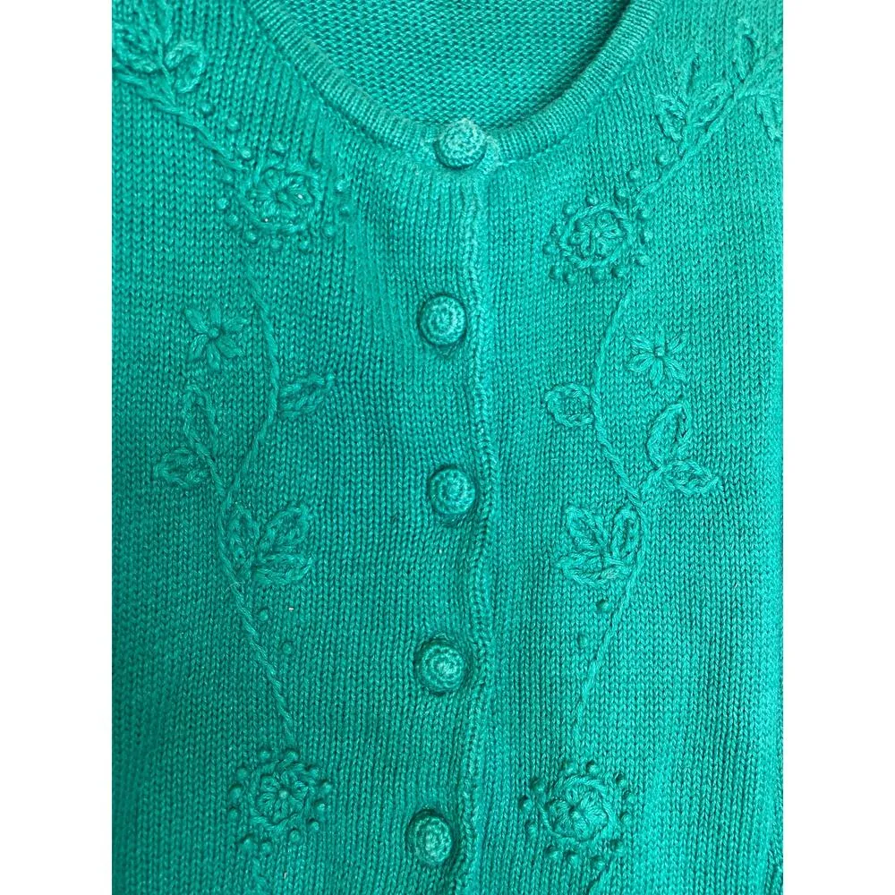 Vintage Floral Embroidered Teal Cardigan Sweater EUC Sz M Button Down Knitted Size M - Image 2