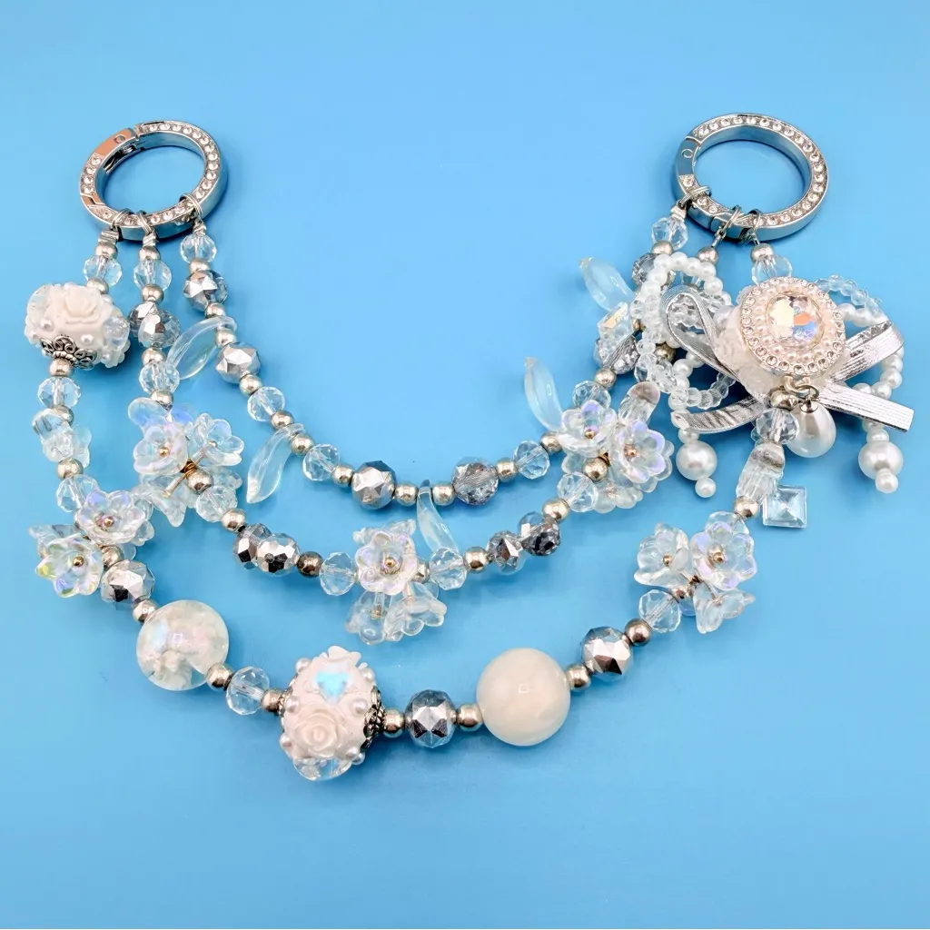 🤍 Luxury Bag/Phone Chain Charm/Keychain Triple-Layer Flowers Fancy Crystal Beads - Image 2