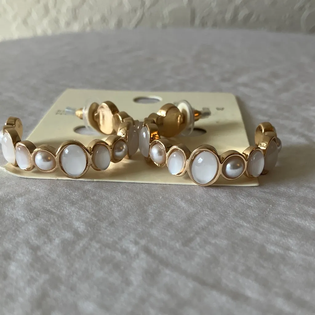 A New Day: Gold Tone & Faux Pearl Hoop Earrings- Nickel Free - Image 4