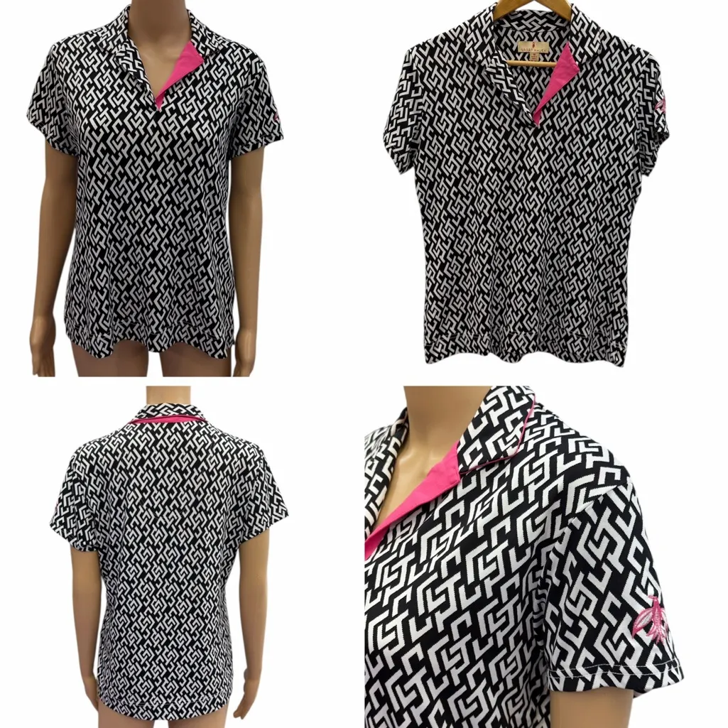 Sport Haley Geometric Print Golf Polo Shirt Black White Pink Womens Medium - Image 2