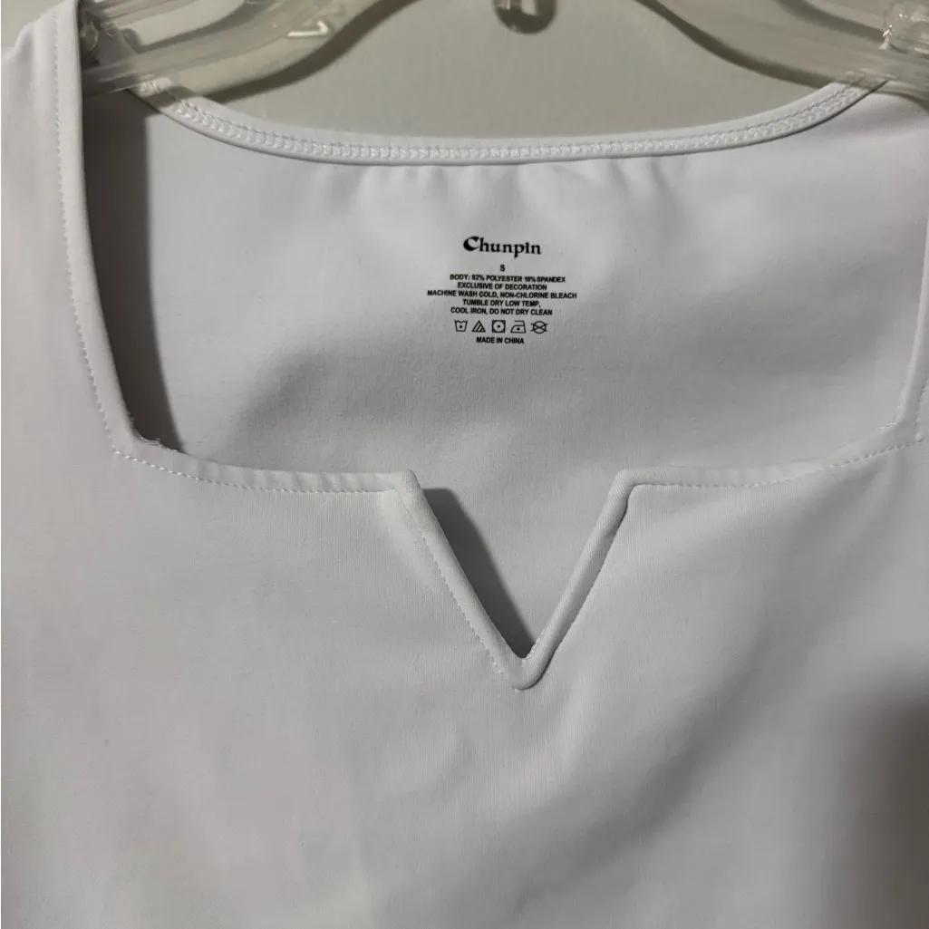 Chunpin Square Neck Notch V Neck Bodysuit White - Image 3