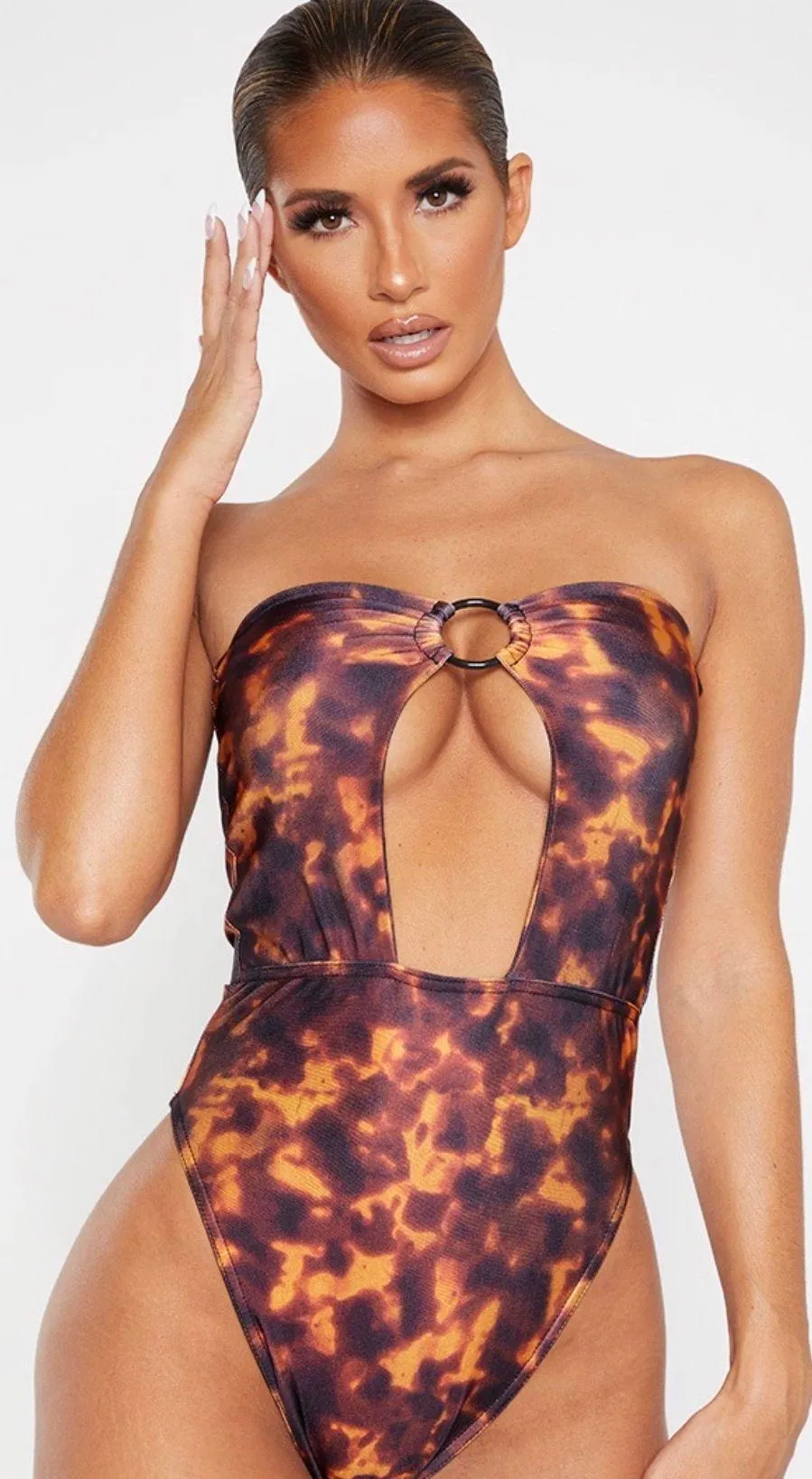 Brown Tortoise Print Cut Out  Center Ring Swimsuit - Image 2