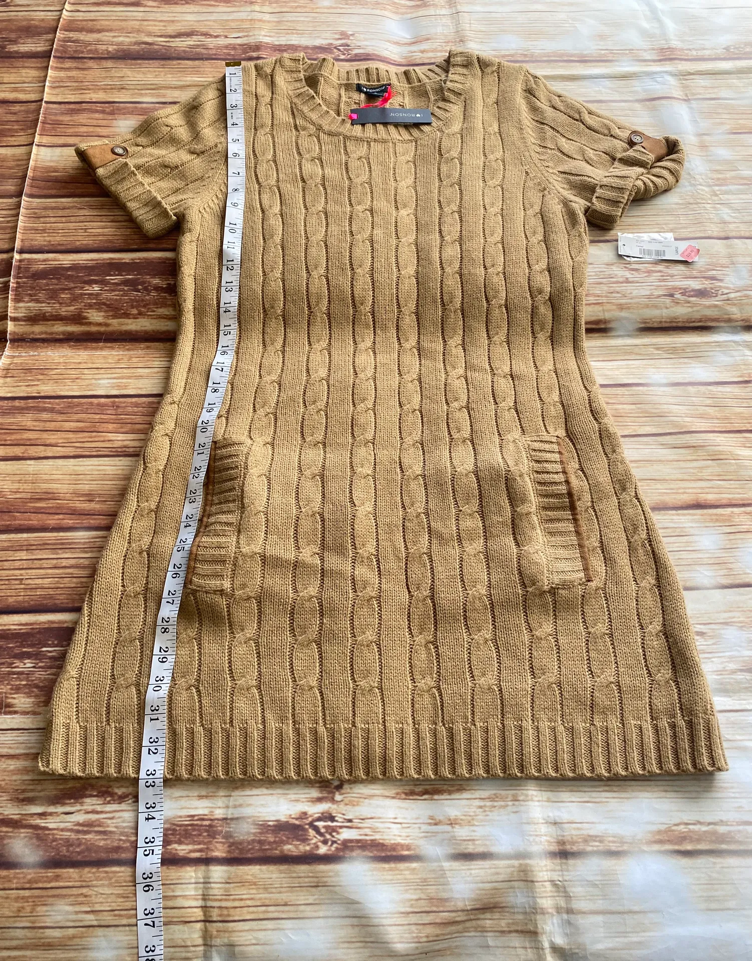 Women’s Short Sleeve Crew Neck Knit Polo Sweater Camel Dress Sz L - Image 7