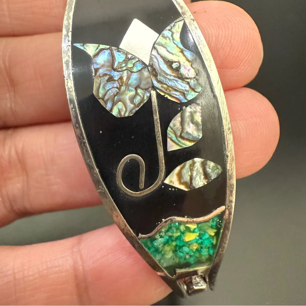 Vintage Alpaca Mexico Abalone Shell Inlay Hinged Cuff Bangle Bracelet 14g. Silver - Image 6