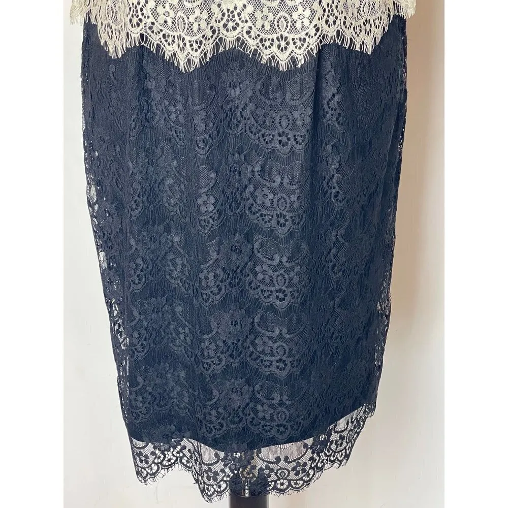 Maggy London Ivory And Black Lace Overlay Cap Sleeve Sheath Peplum‎ Dress Size 6 - Image 6