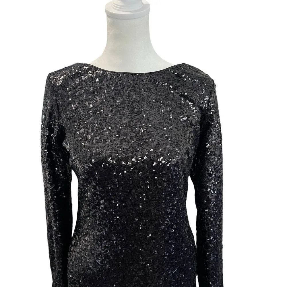 Dress the Population Kelly Black Sequin Open Back Long Sleeve Mini Dress L - Image 4