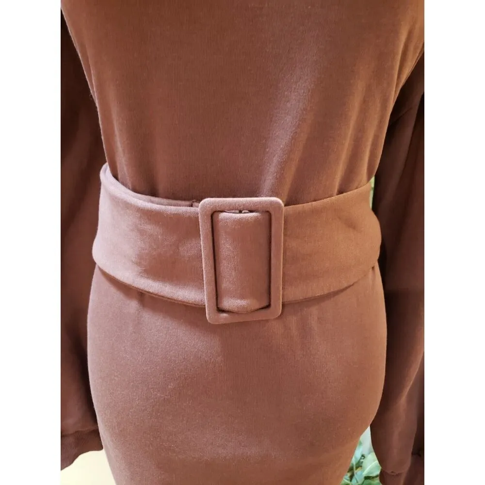 Topshop Womens Brown Cotton Belted Round Neck Long Sleeve Knit Sweater Dress 10 - Image 4