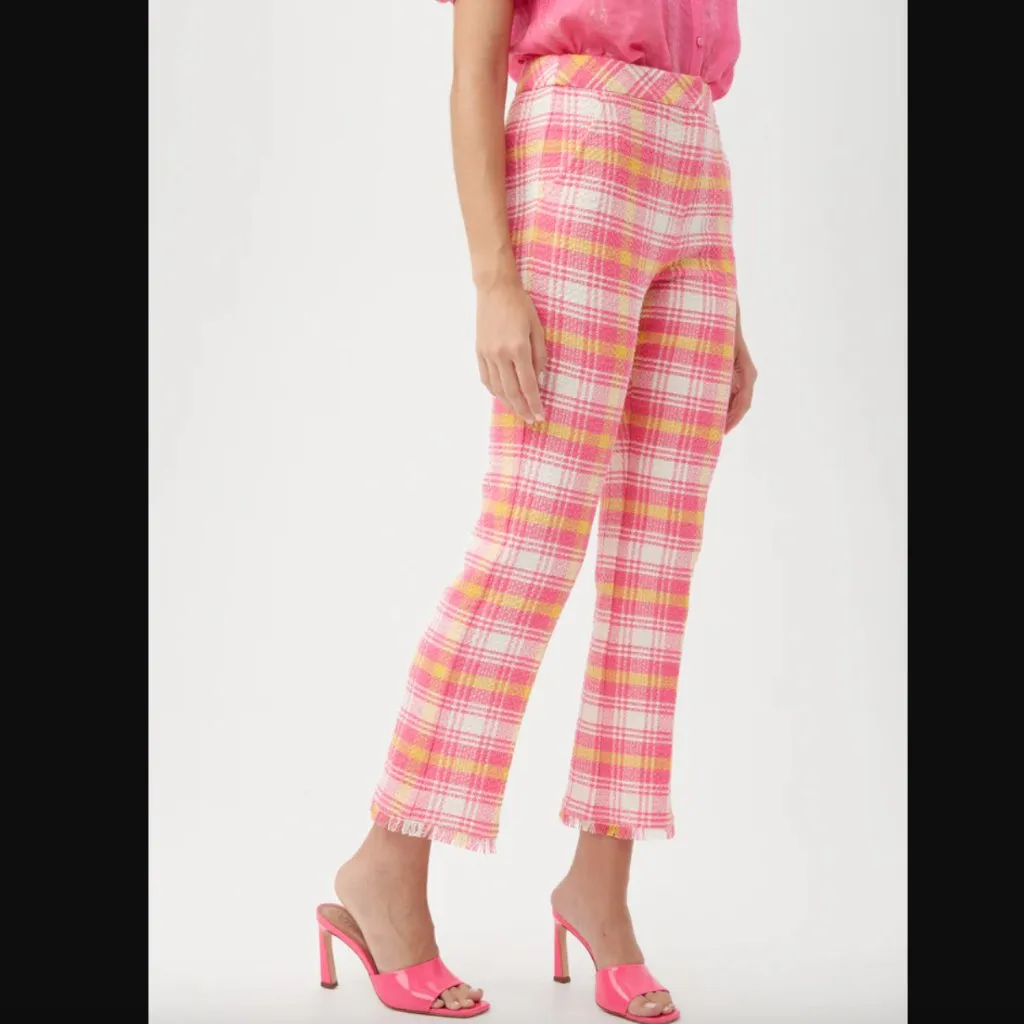 Trina Turk Lulu Pink Yellow White Plaid Tweed Fringe Pants 0 - Image 2